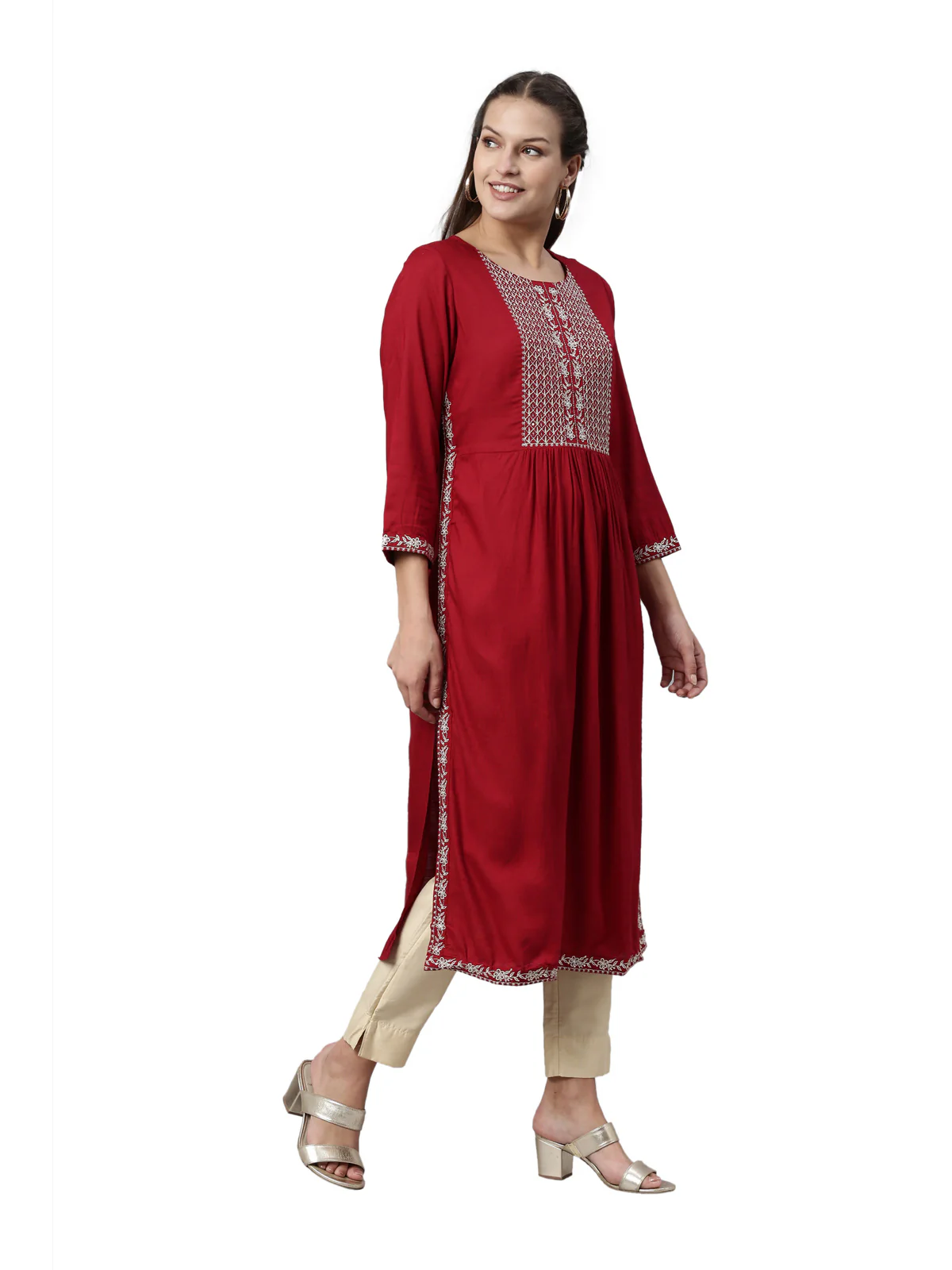 Neerus Maroon Color Slub Rayon Fabric Kurta - Image 4