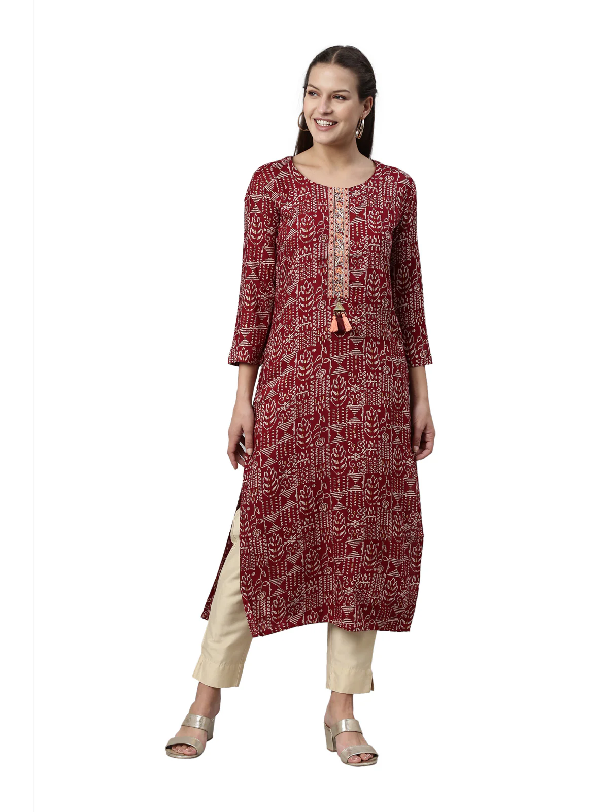 Neerus Maroon Color Slub Rayon Fabric Kurta