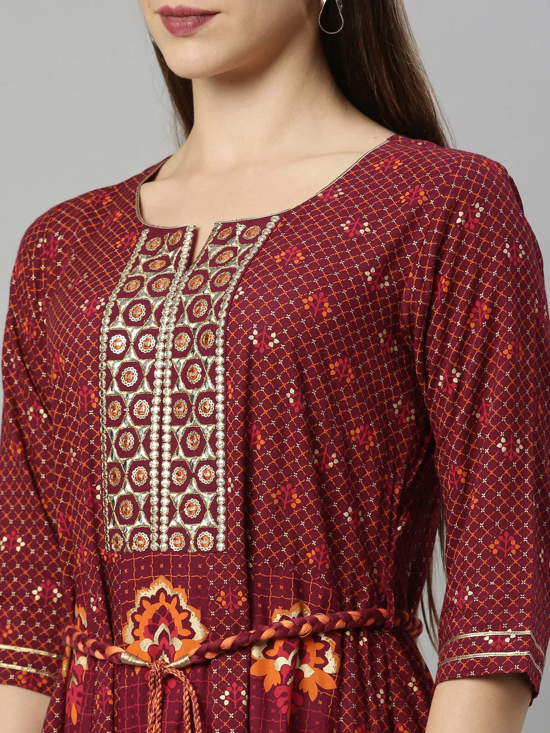 Neerus Maroon Color Slub Riyon Fabric Tunic - Image 8