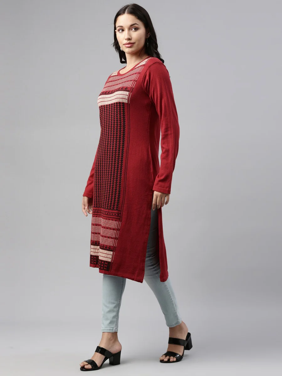 Neerus Maroon Color Winter Wear Kurtha - Image 2