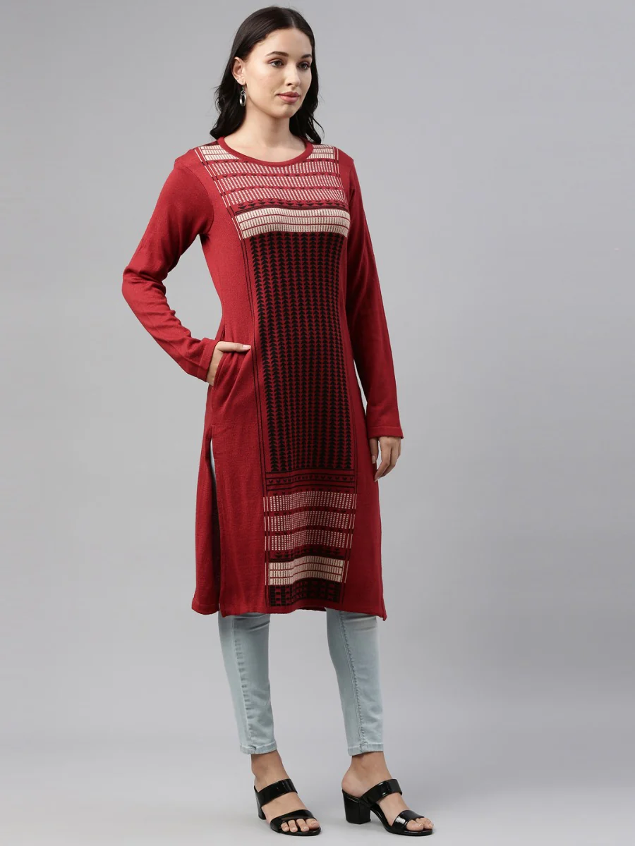 Neerus Maroon Color Winter Wear Kurtha - Image 3