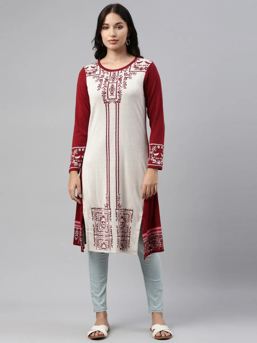 Neerus Maroon Color Winter Wear Kurtha - Image 5