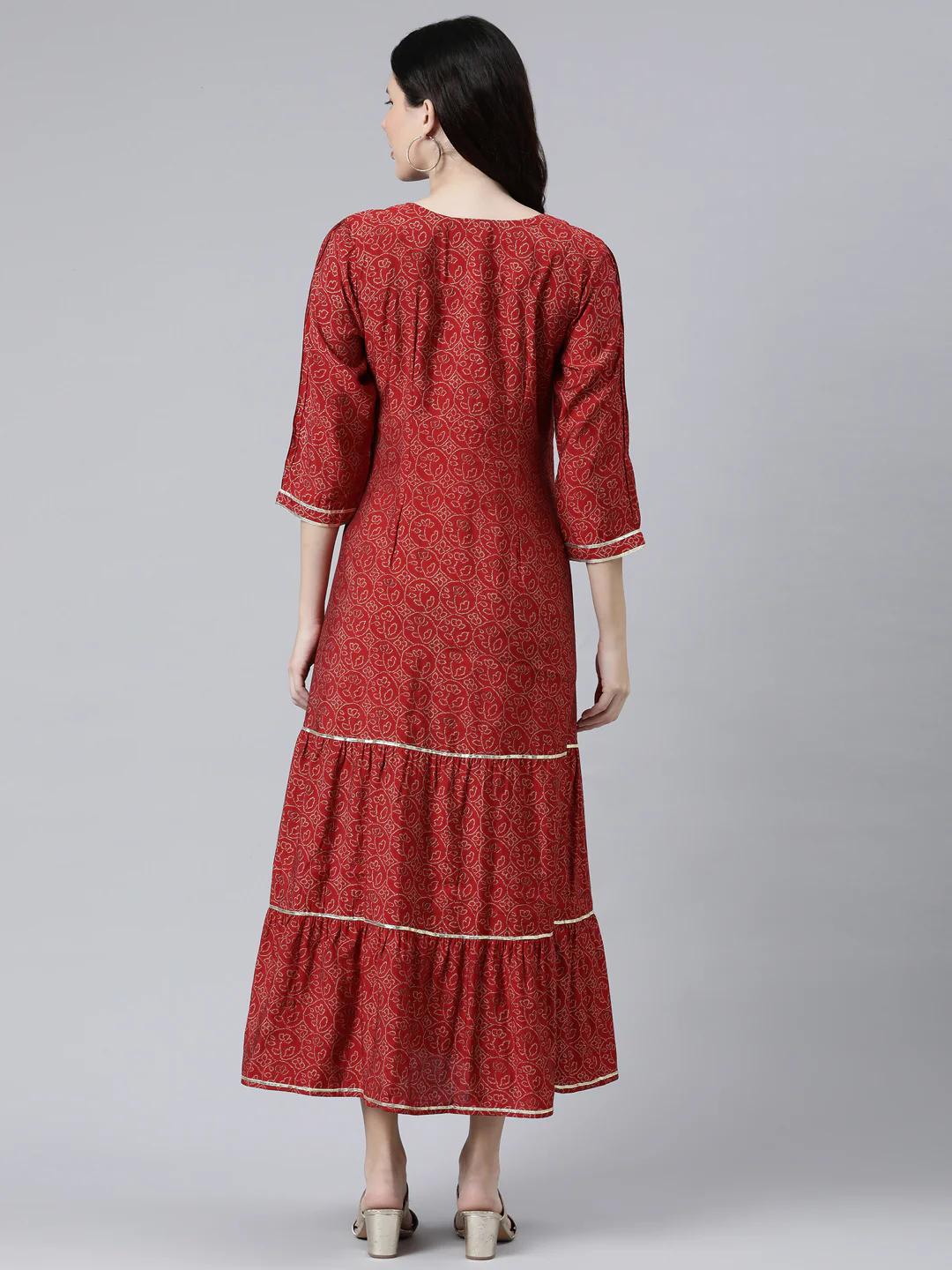 Neerus Maroon Cotton Ethnic Motifs Embroidered Ethnic A-Line Maxi Dress - Image 3