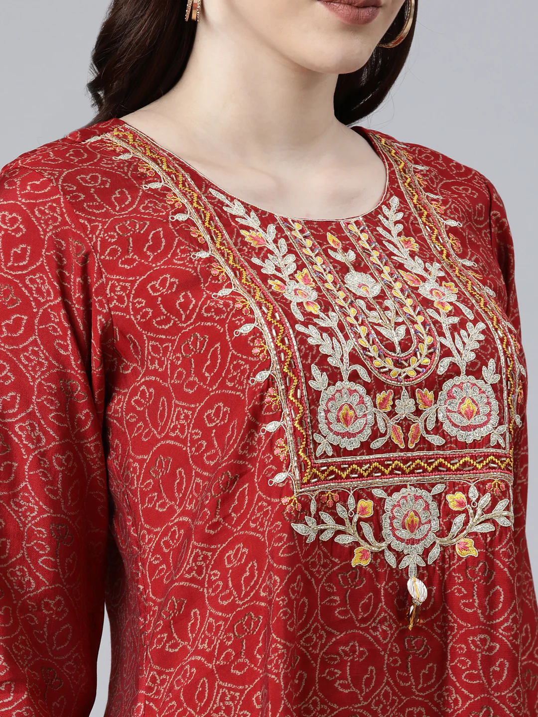 Neerus Maroon Cotton Ethnic Motifs Embroidered Ethnic A-Line Maxi Dress - Image 4