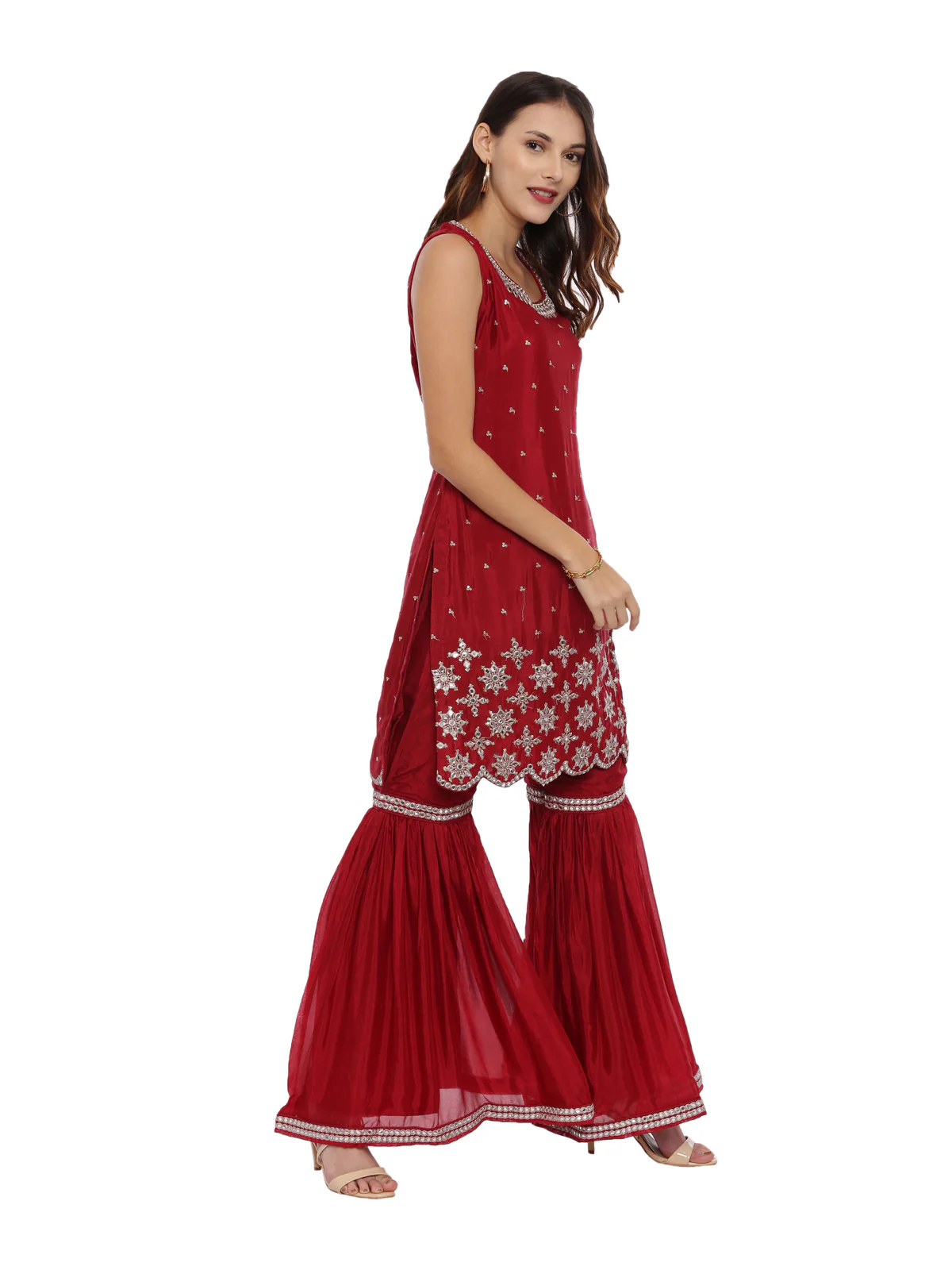 Neerus Maroon Embellished Kurta With Sharara & Dupatta - Image 3