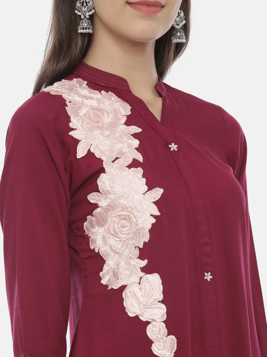 Neerus Maroon Embroidered A Line Kurta - Image 2