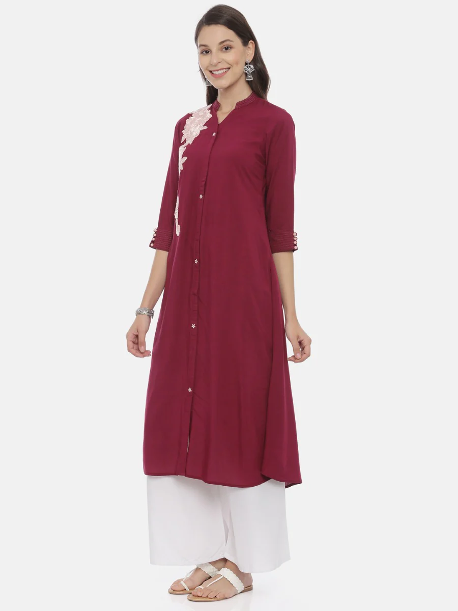 Neerus Maroon Embroidered A Line Kurta - Image 3
