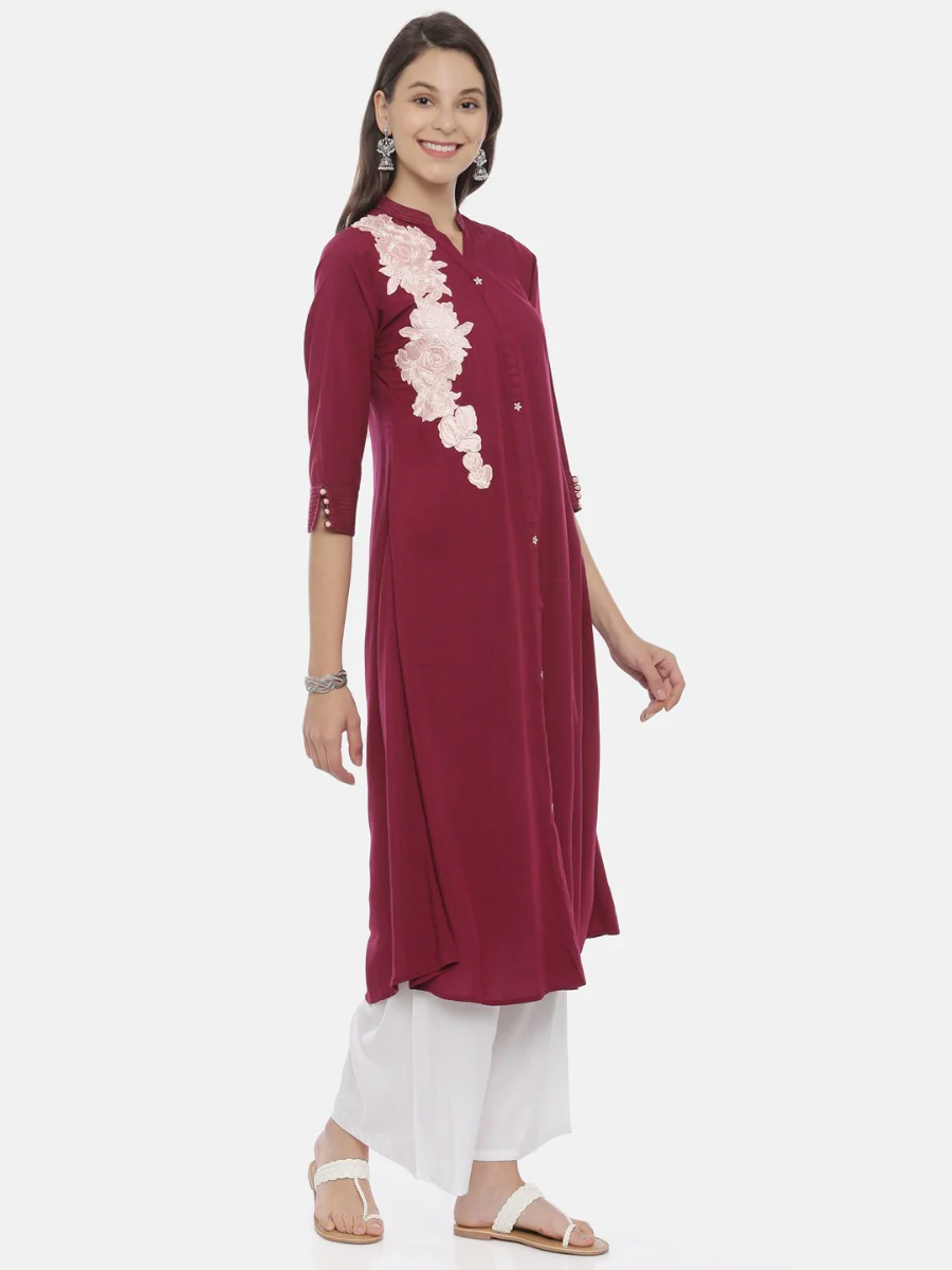 Neerus Maroon Embroidered A Line Kurta - Image 4