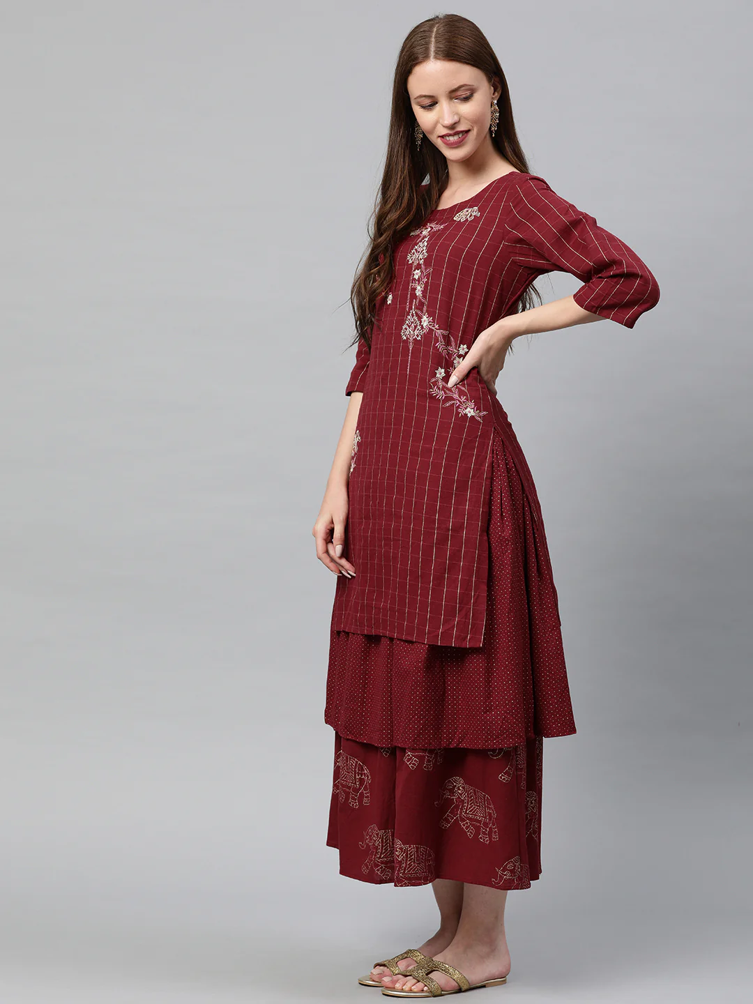 Neerus Maroon Embroidered Flared Double Layered Kurta - Image 3