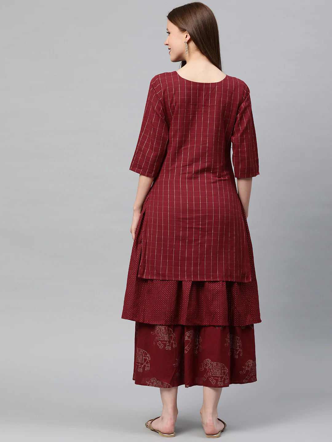 Neerus Maroon Embroidered Flared Double Layered Kurta - Image 4