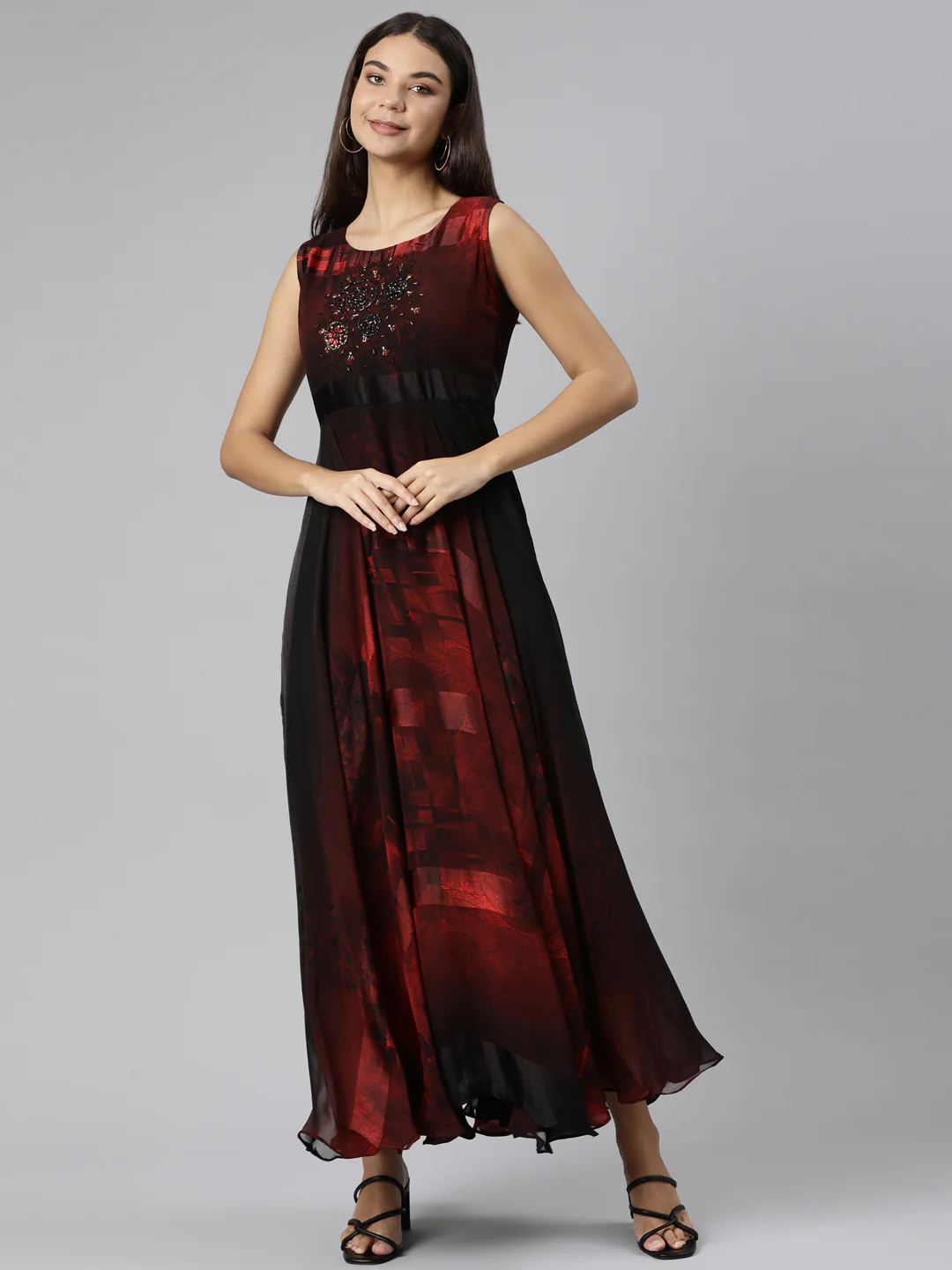 Neerus Maroon Flared Casual Graphic Dresses
