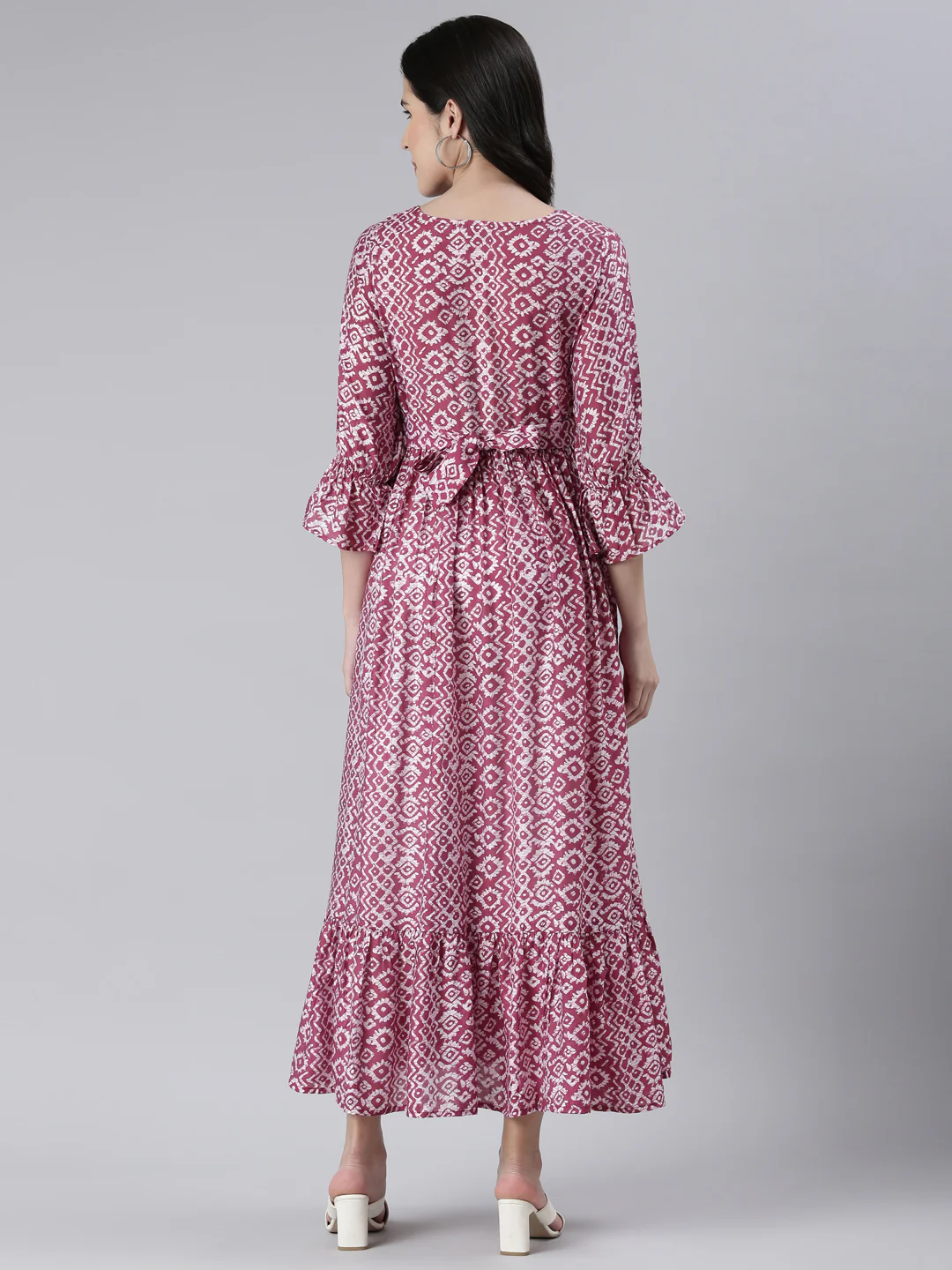 Neerus Maroon Maxi Casual Printed Dresses - Image 3