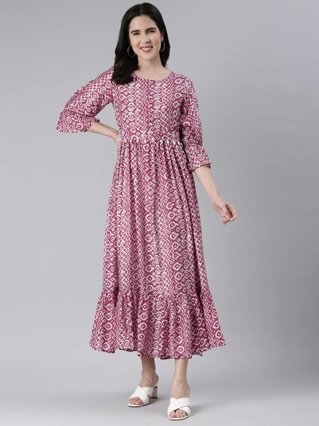 Neerus Maroon Maxi Casual Printed Dresses - Image 7