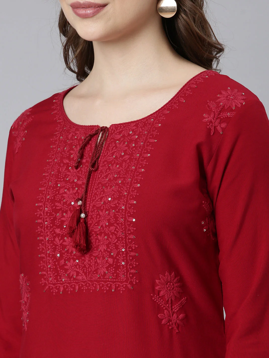 Neerus Maroon Panelled Straight Embellished Kurta - Image 2