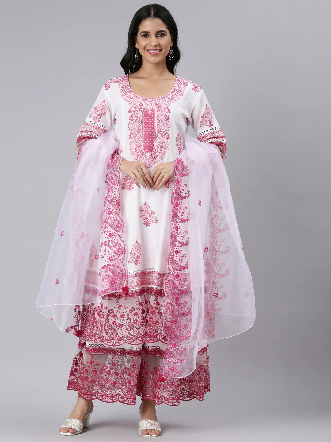 Neerus Maroon Panelled Straight Embroidered Kurta and Palazzos With Dupatta