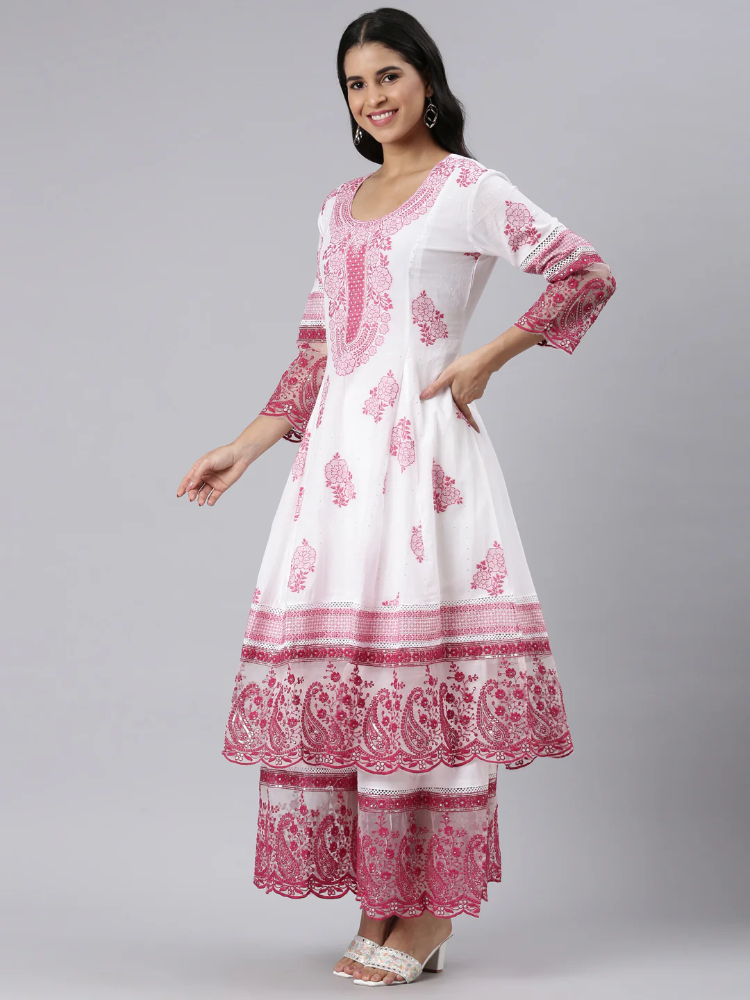 Neerus Maroon Panelled Straight Embroidered Kurta and Palazzos With Dupatta - Image 2