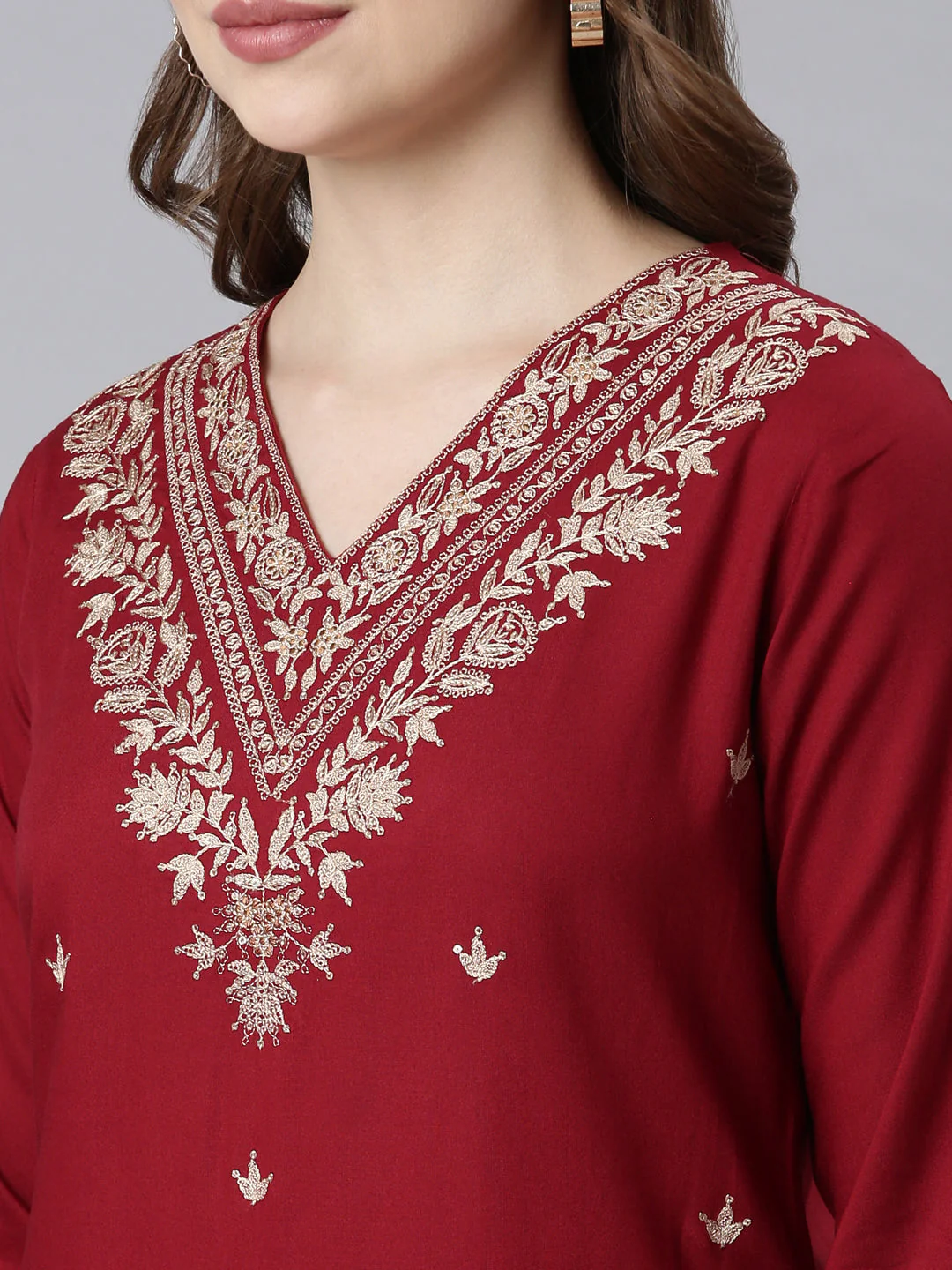 Neerus Maroon Panelled Straight Ethnic Motifs Kurta And Churidar With Dupatta - Image 2