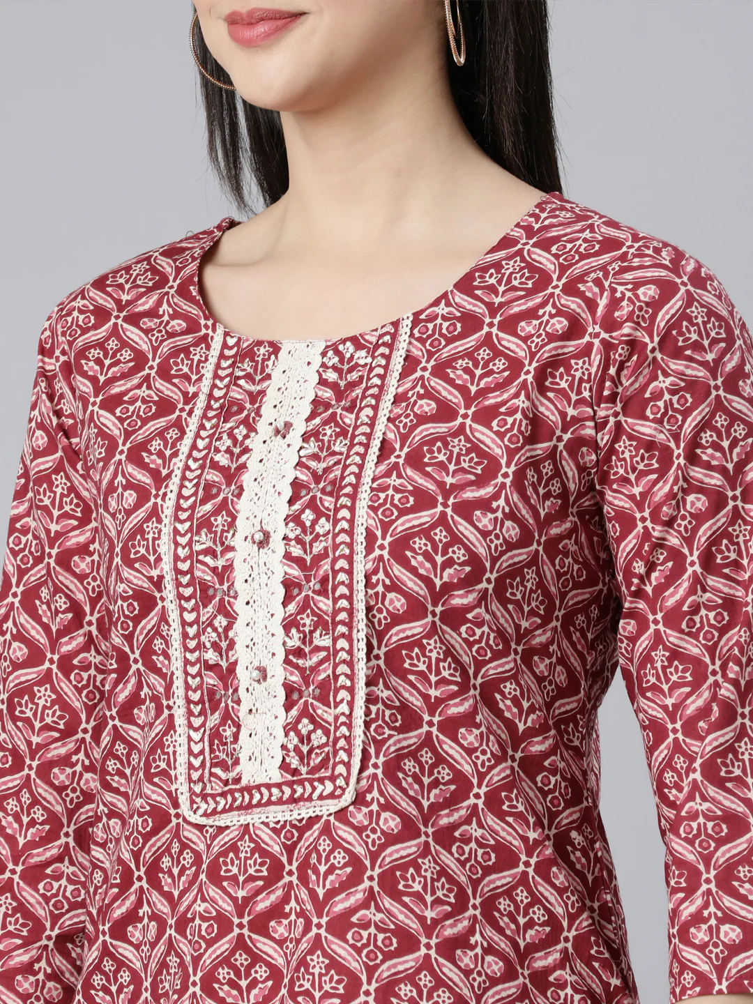 Neerus Maroon Panelled Straight Printed Kurta And Trousers With Dupatta - Image 5
