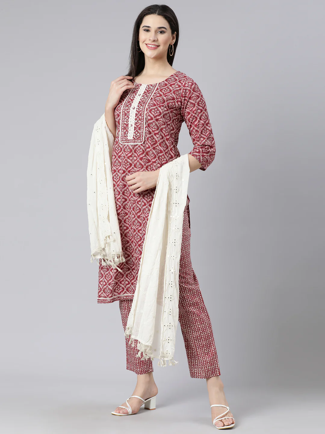 Neerus Maroon Panelled Straight Printed Kurta And Trousers With Dupatta - Image 6
