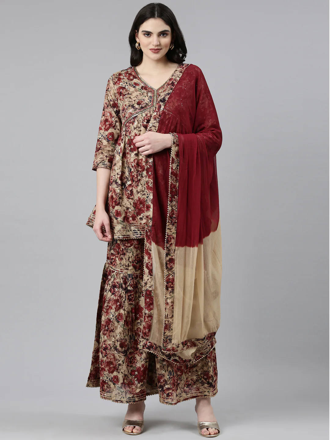 Neerus Maroon Pleated Anarkali Printed Kurta And Sharara With Dupatta