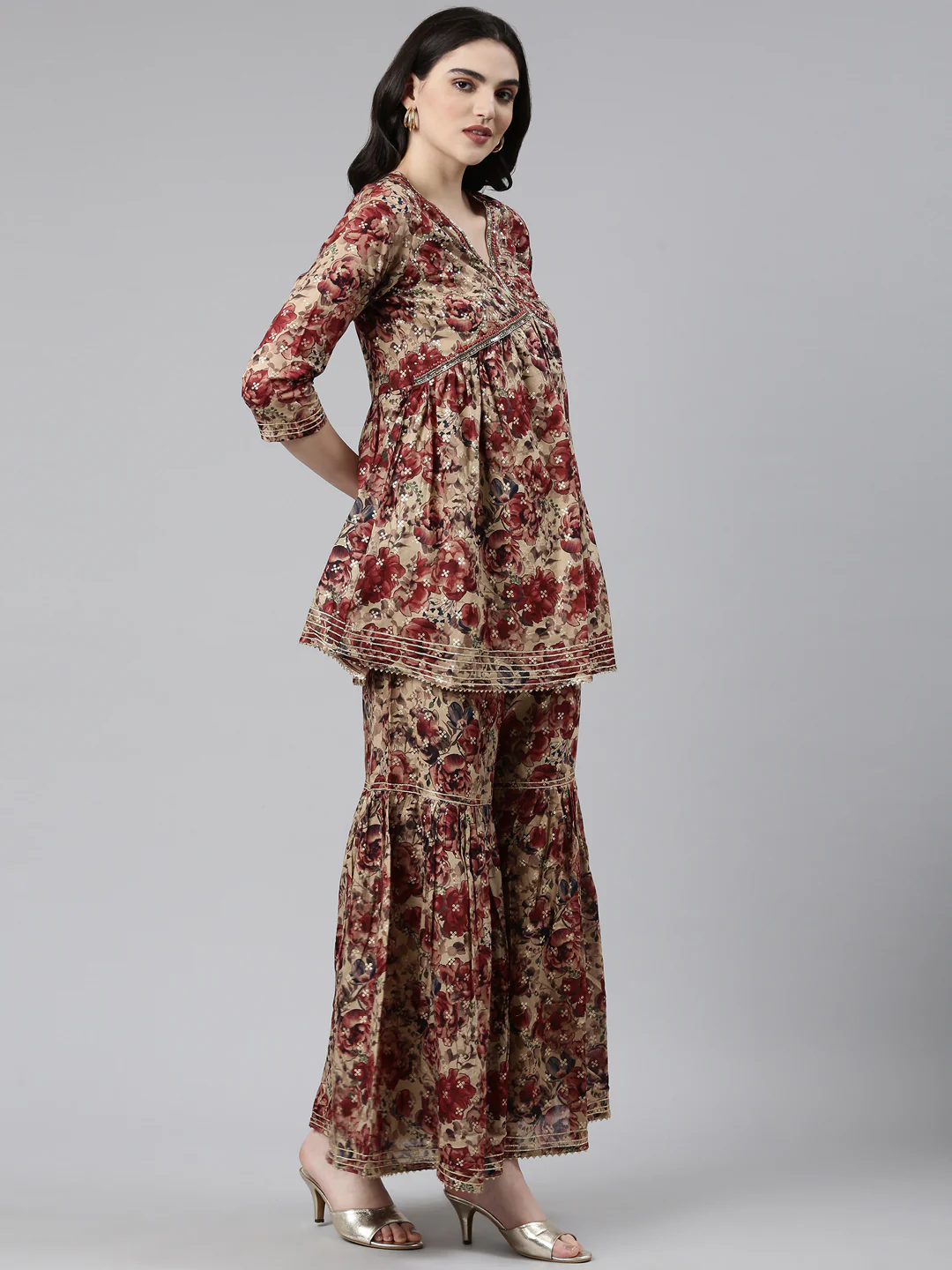 Neerus Maroon Pleated Anarkali Printed Kurta And Sharara With Dupatta - Image 2