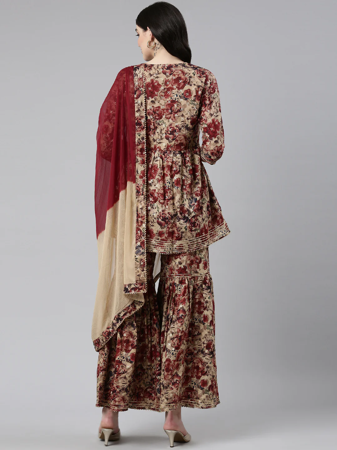Neerus Maroon Pleated Anarkali Printed Kurta And Sharara With Dupatta - Image 3