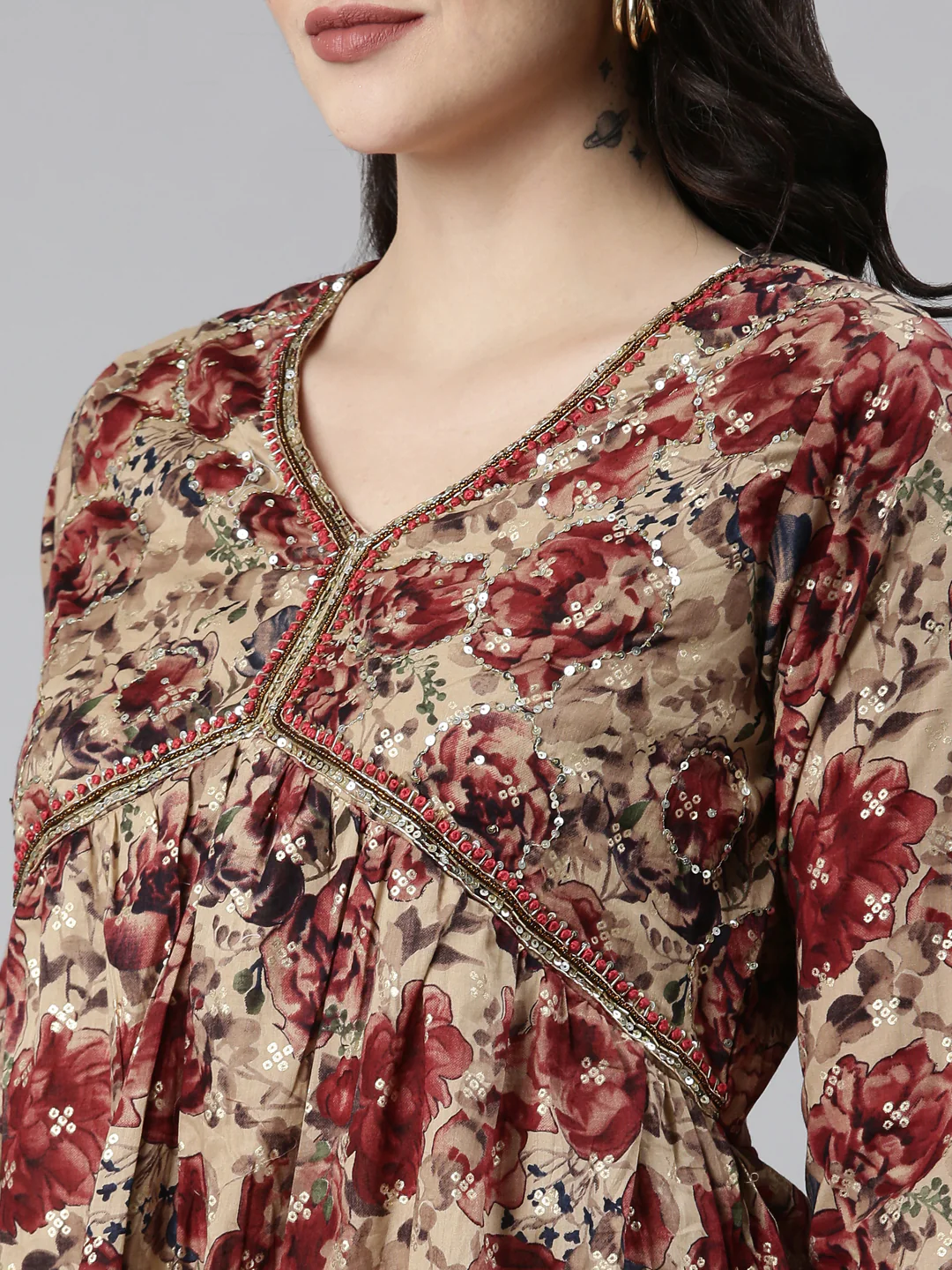 Neerus Maroon Pleated Anarkali Printed Kurta And Sharara With Dupatta - Image 4