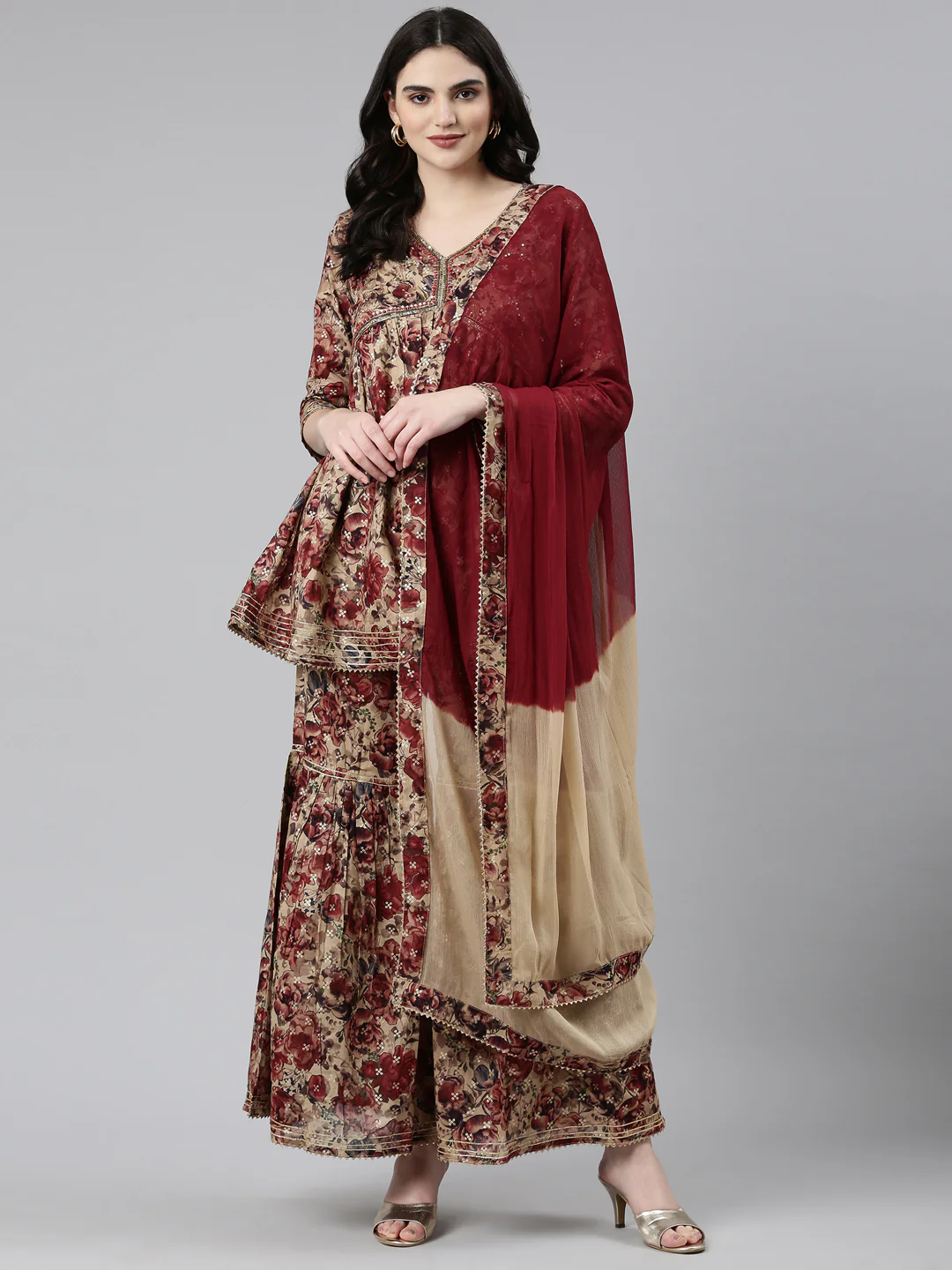 Neerus Maroon Pleated Anarkali Printed Kurta And Sharara With Dupatta - Image 5