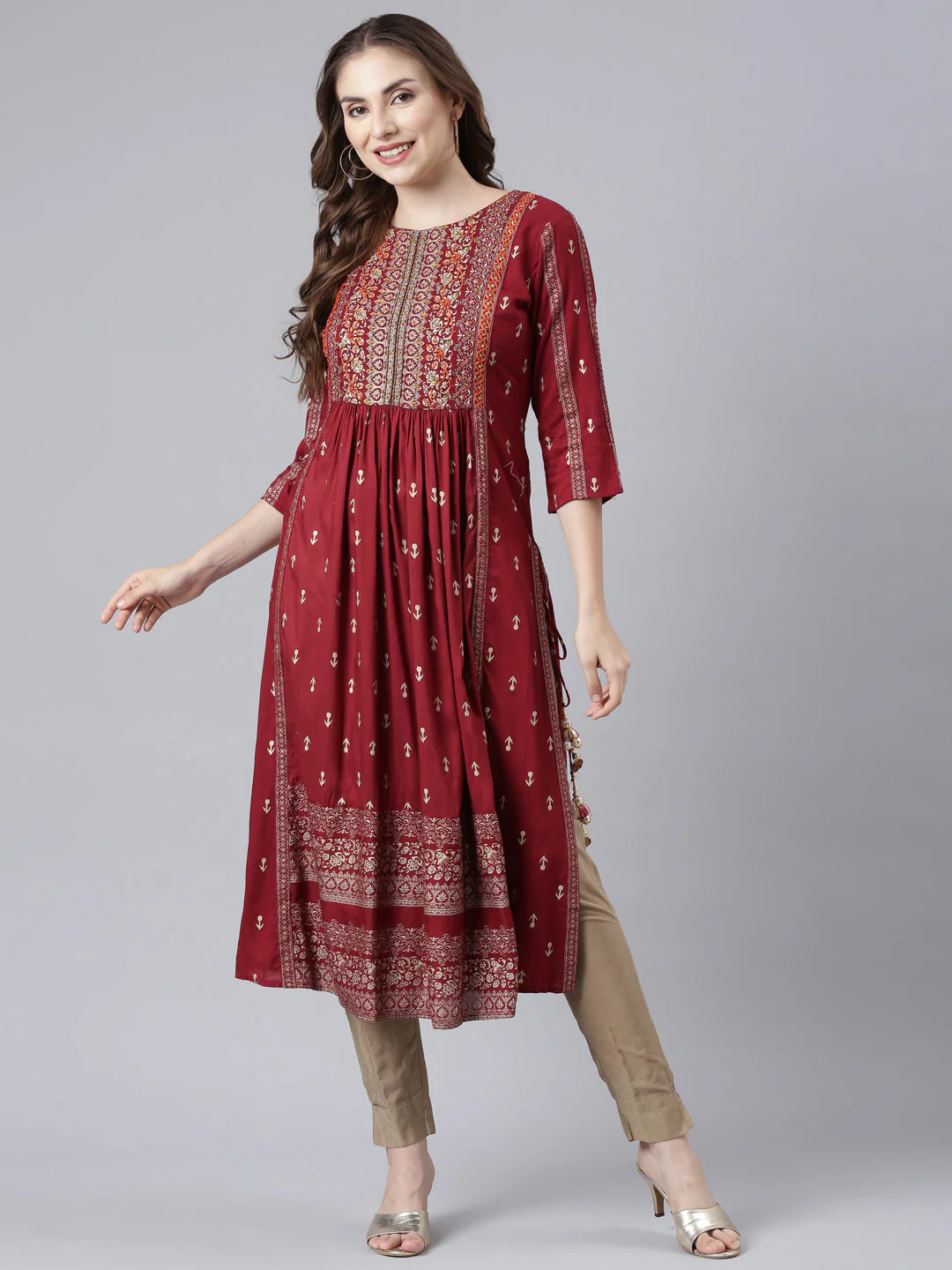 Neerus Maroon Pleated Straight Floral Kurta - Image 5