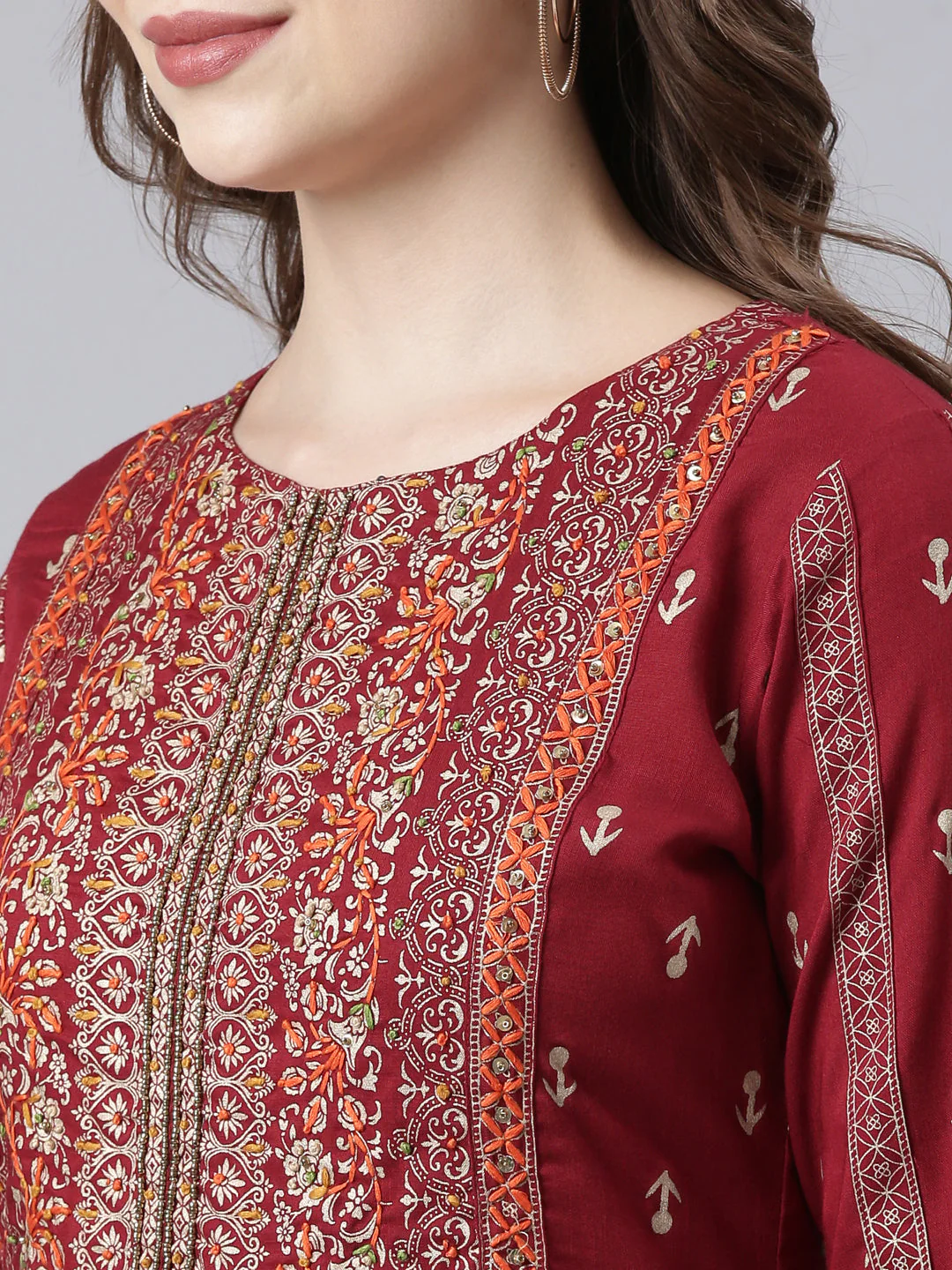 Neerus Maroon Pleated Straight Floral Kurta - Image 6