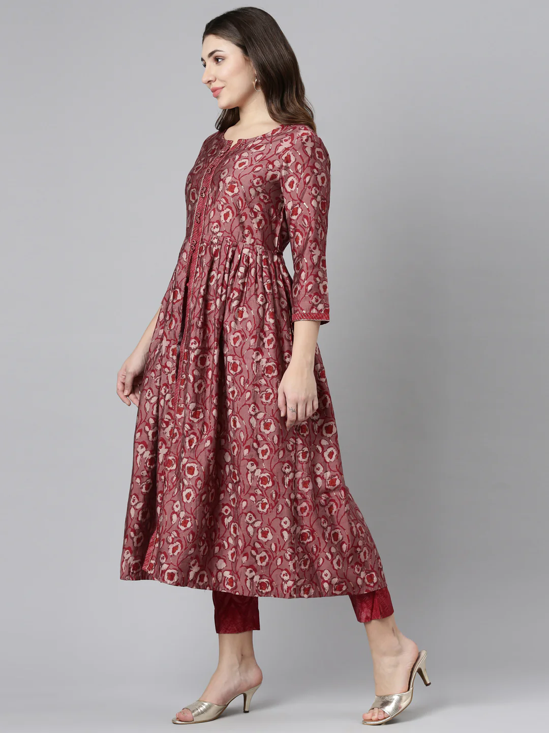 Neerus Maroon Pleated Straight Printed Readymade suits - Image 2