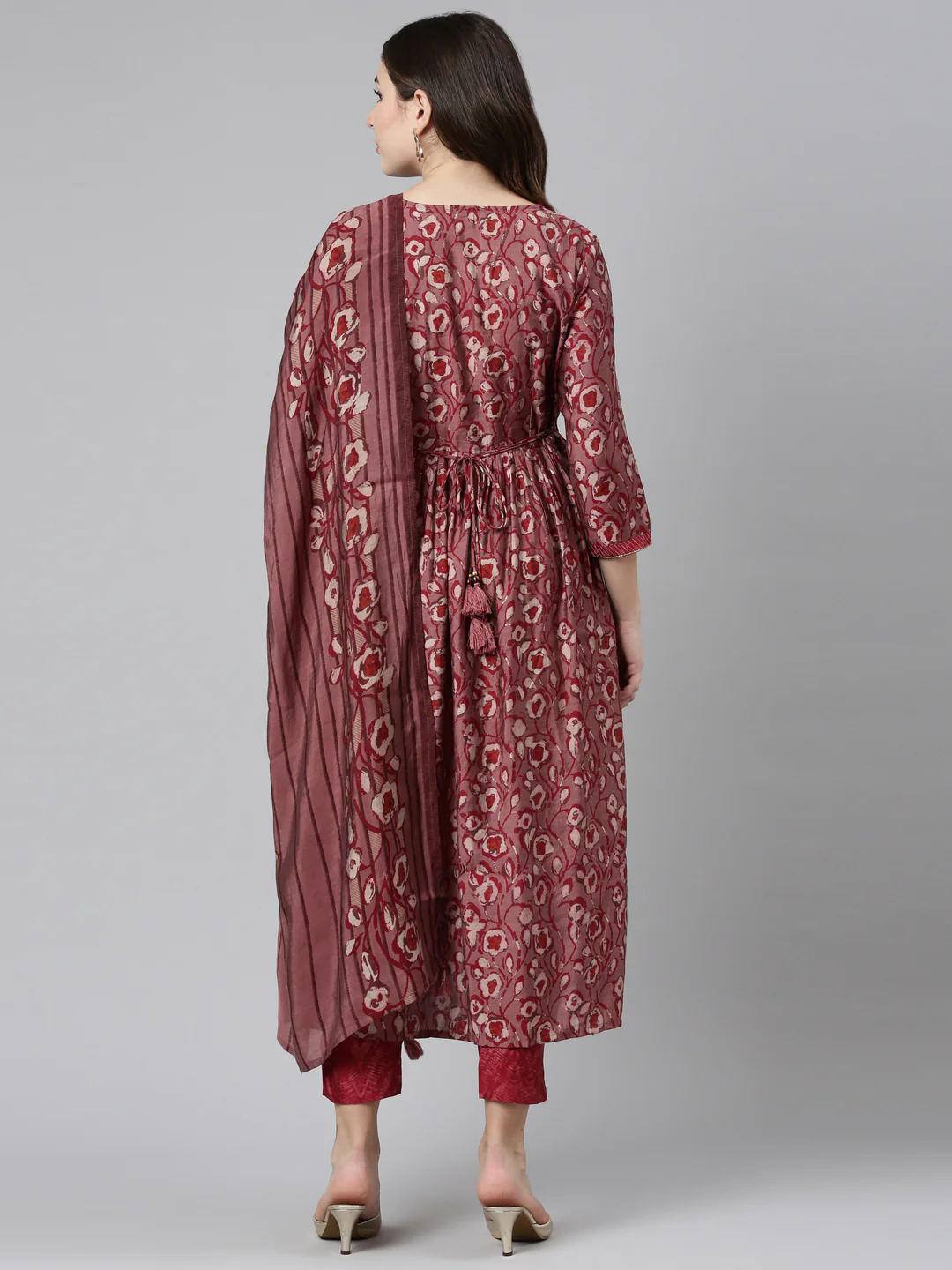 Neerus Maroon Pleated Straight Printed Readymade suits - Image 3