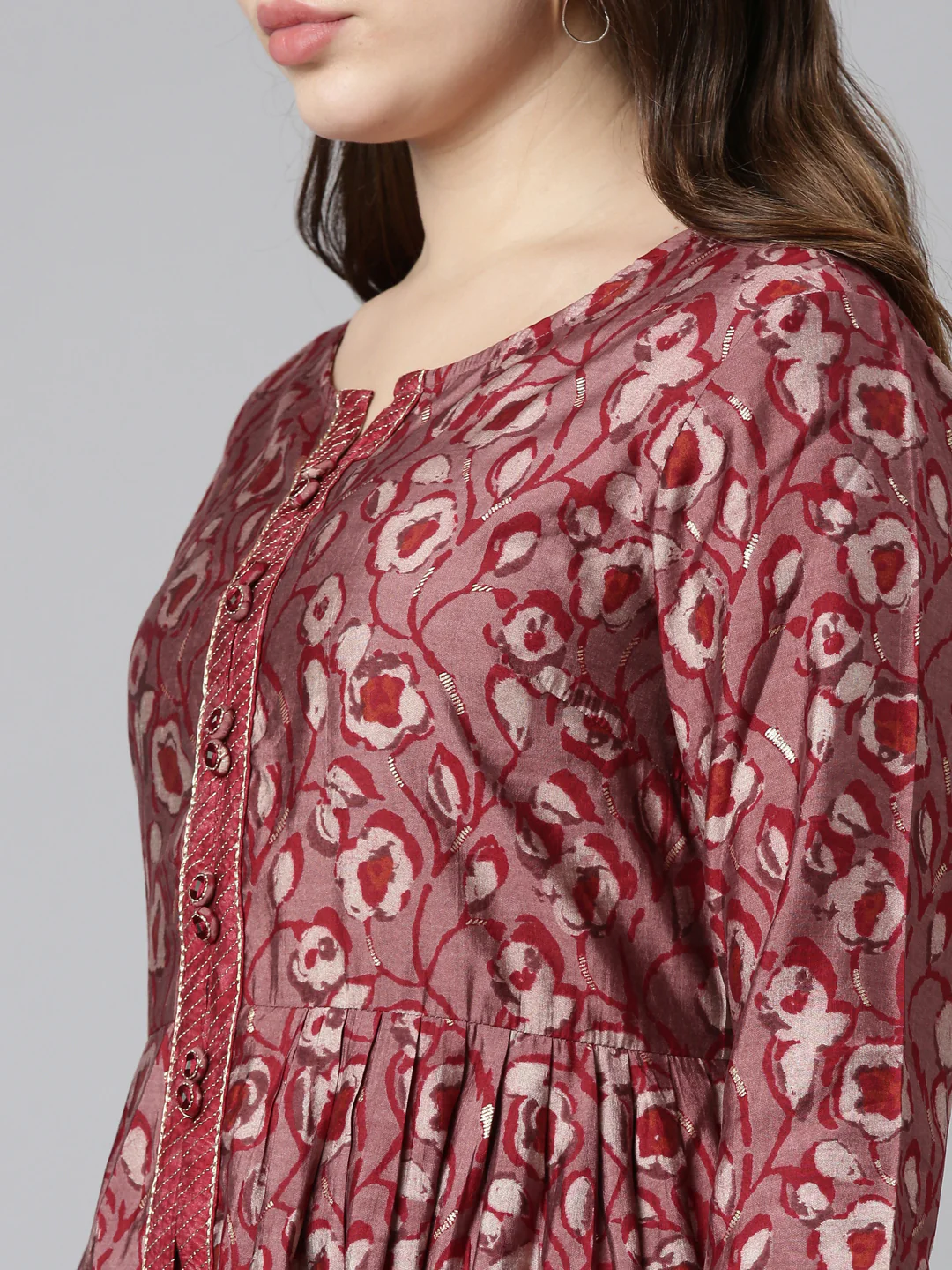 Neerus Maroon Pleated Straight Printed Readymade suits - Image 4