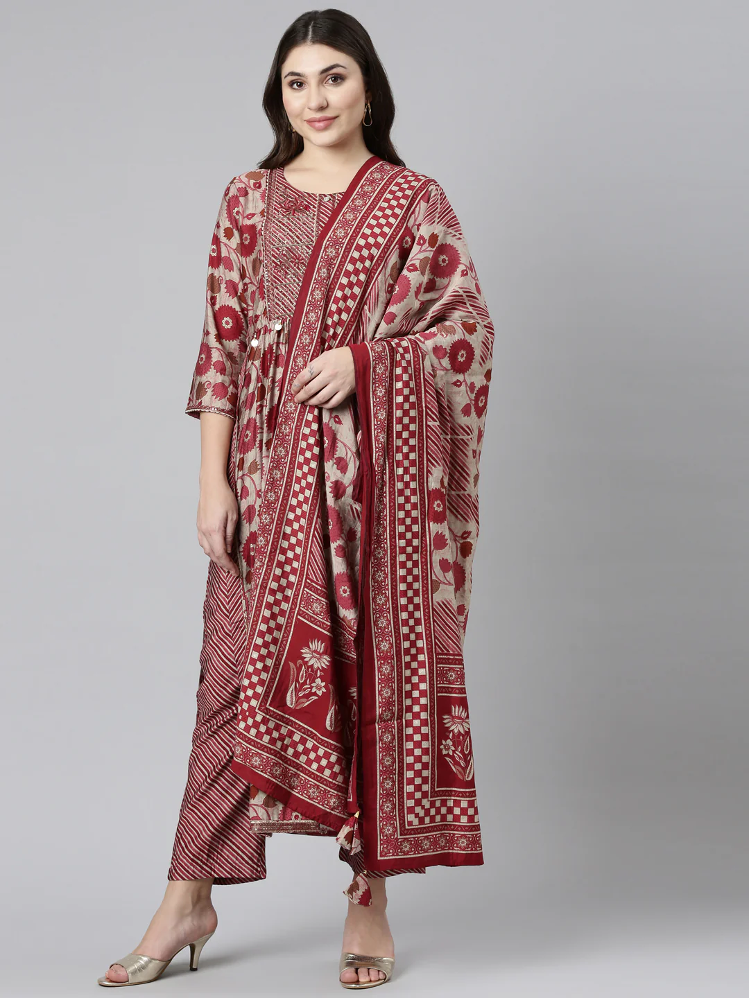 Neerus Maroon Pleated Straight Printed Readymade suits