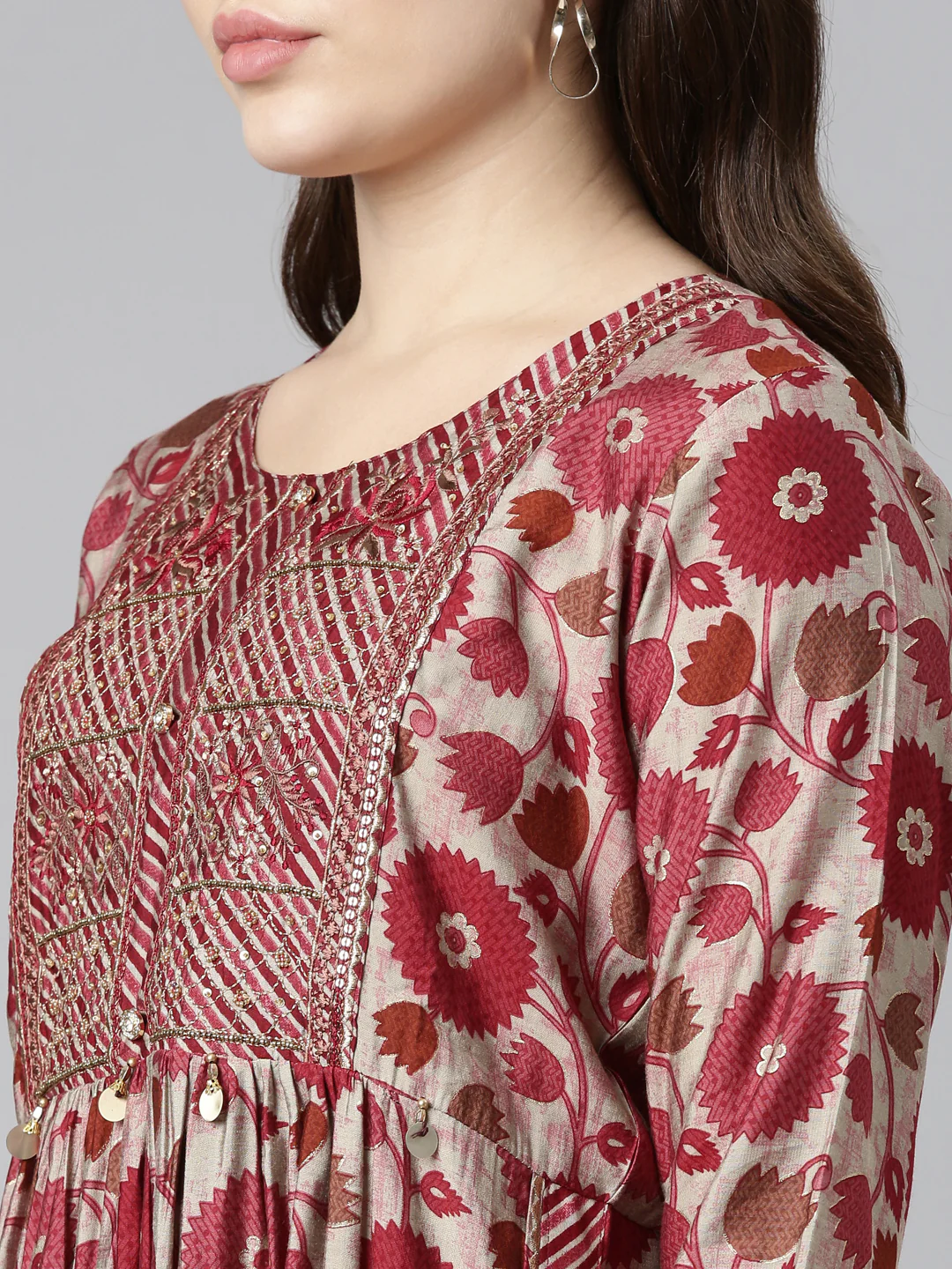 Neerus Maroon Pleated Straight Printed Readymade suits - Image 4