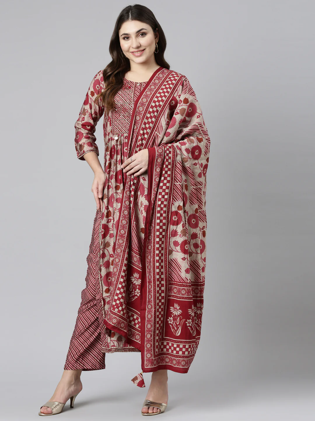 Neerus Maroon Pleated Straight Printed Readymade suits - Image 5