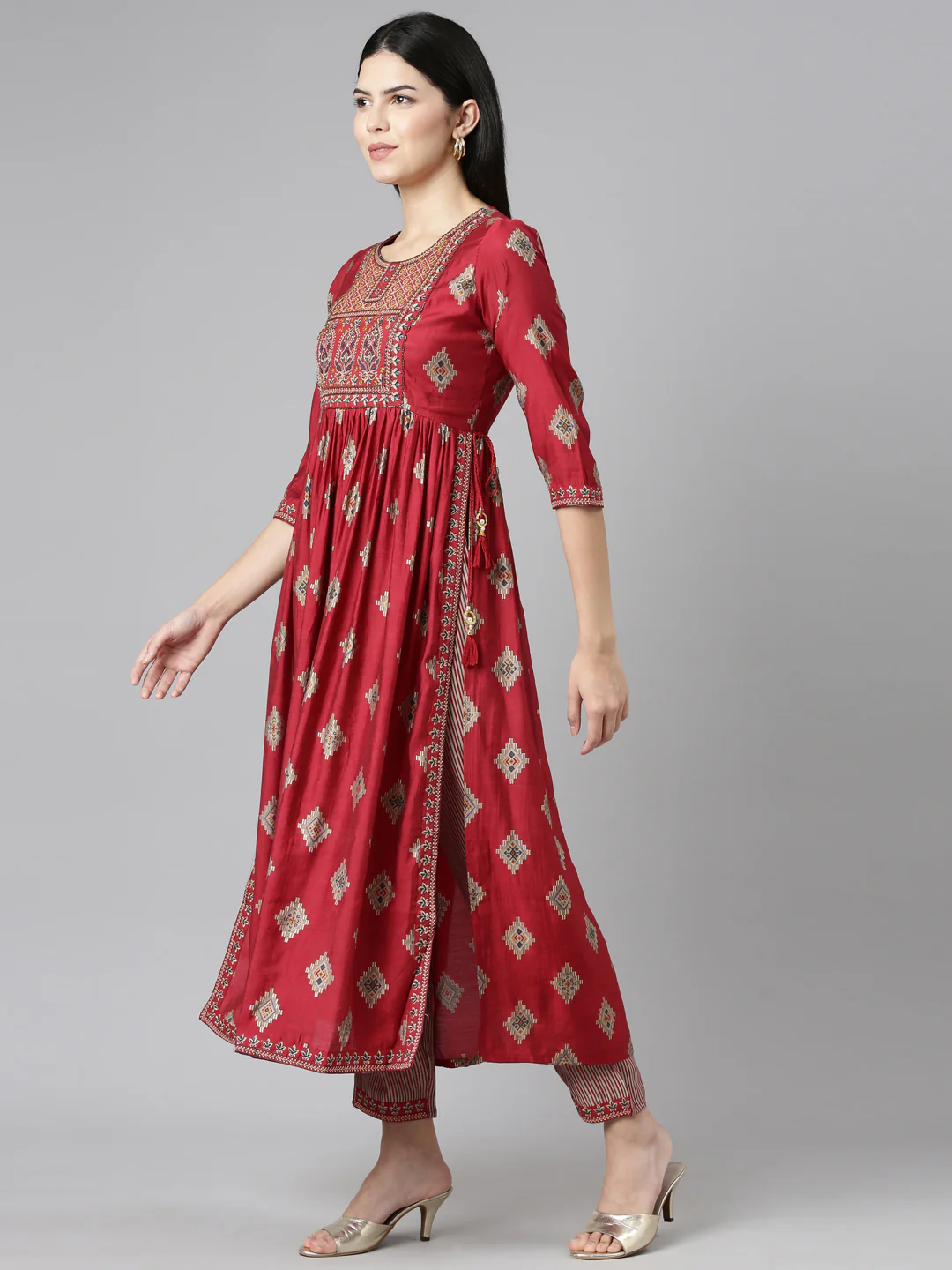 Neerus Maroon Pleated Straight Printed Readymade suits - Image 2