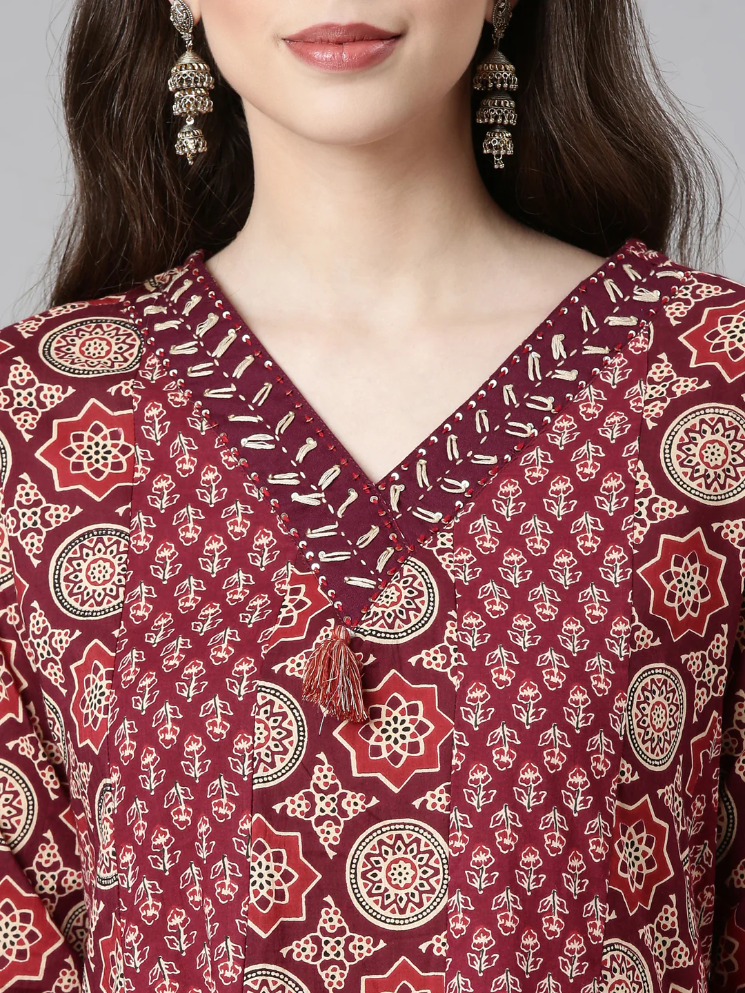 Neerus Maroon Printed Anarkali Kurta and Trousers With Dupatta - Image 4