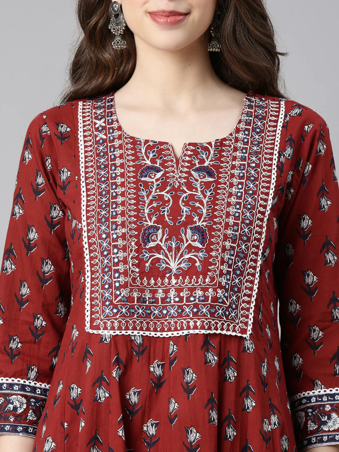 Neerus Maroon Printed Anarkali Kurta and Trousers With Dupatta - Image 4