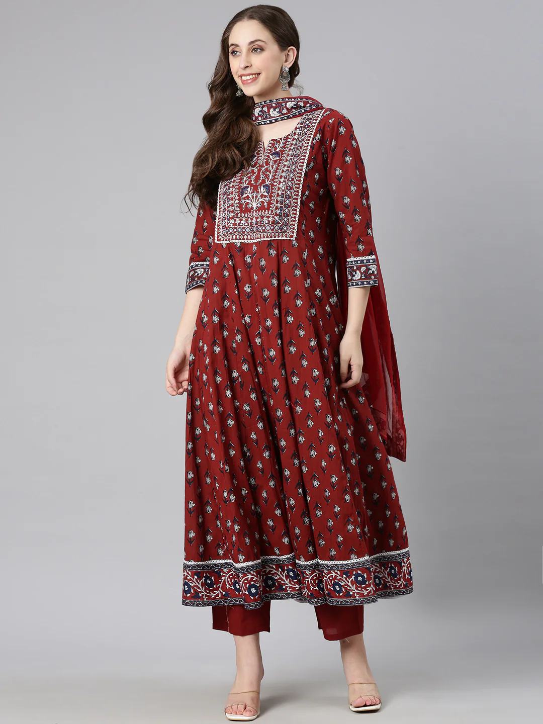 Neerus Maroon Printed Anarkali Kurta and Trousers With Dupatta - Image 5