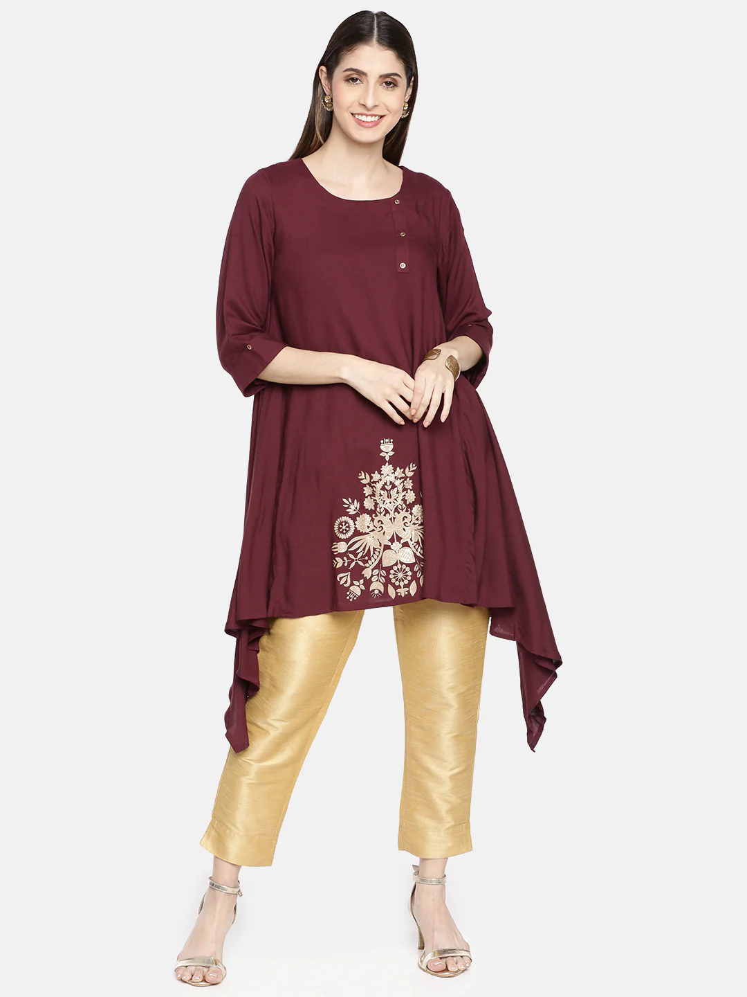 Neerus Maroon Printed High Low Kurta