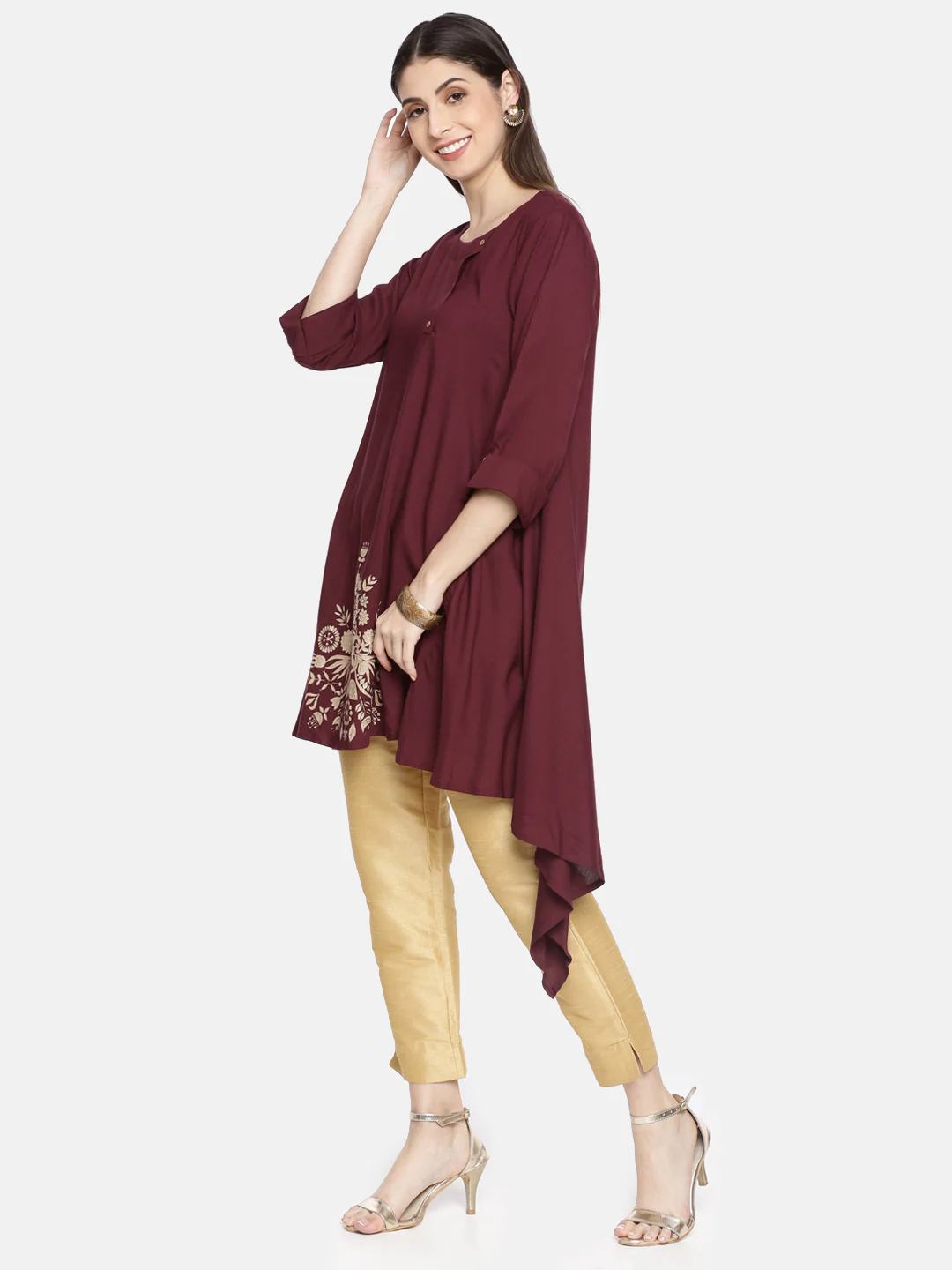 Neerus Maroon Printed High Low Kurta - Image 4