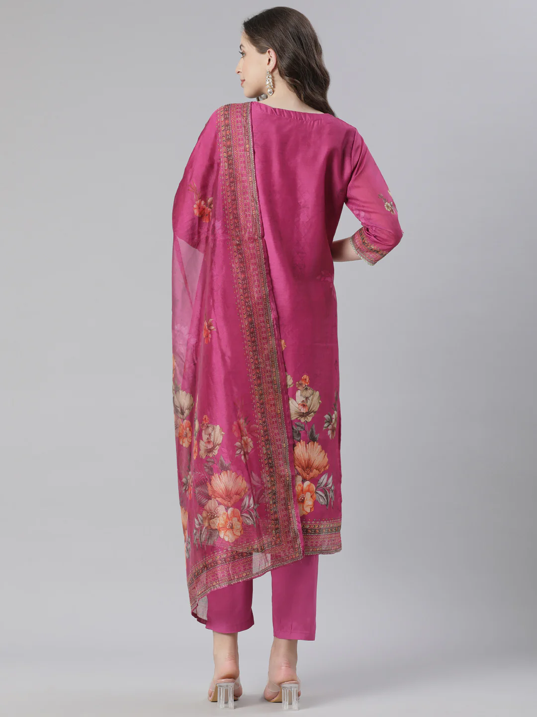 Neerus Maroon Printed Straight Kurta and Trousers With Dupatta - Image 3