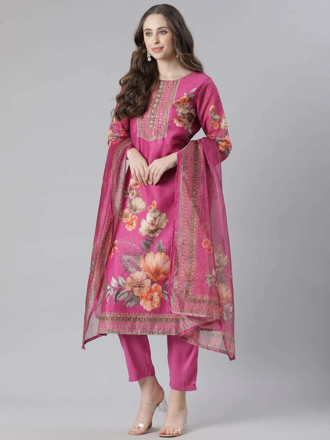 Neerus Maroon Printed Straight Kurta and Trousers With Dupatta - Image 5