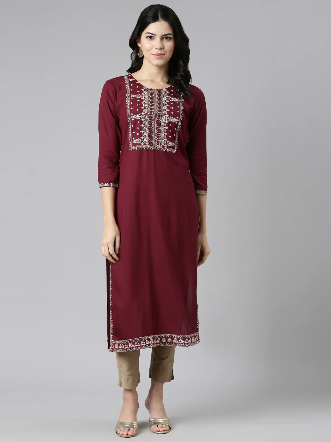 Neerus Maroon Regular Straight Embroidered Kurta - Image 5