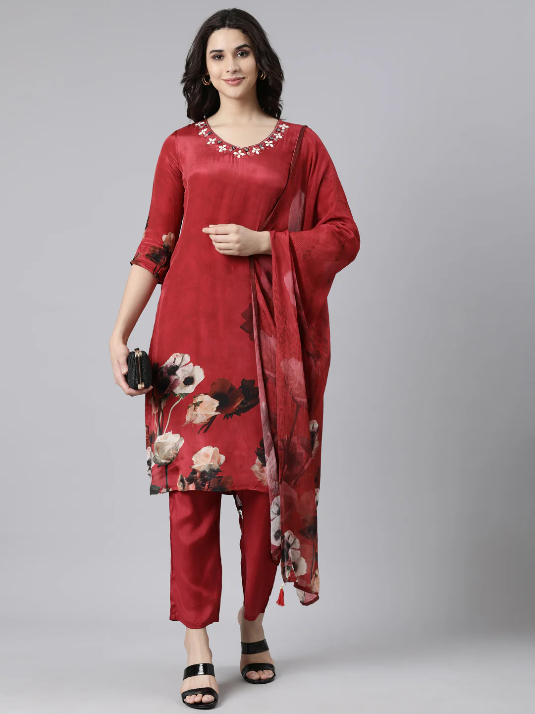 Neerus Maroon Regular Straight Floral Kurta And Trousers With Dupatta