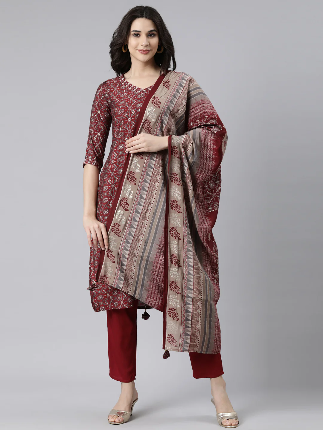 Neerus Maroon Regular Straight Floral Kurta And Trousers With Dupatta