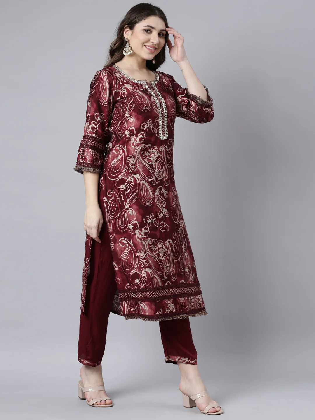 Neerus Maroon Regular Straight Paisley Kurta And Trousers With Dupatta - Image 5