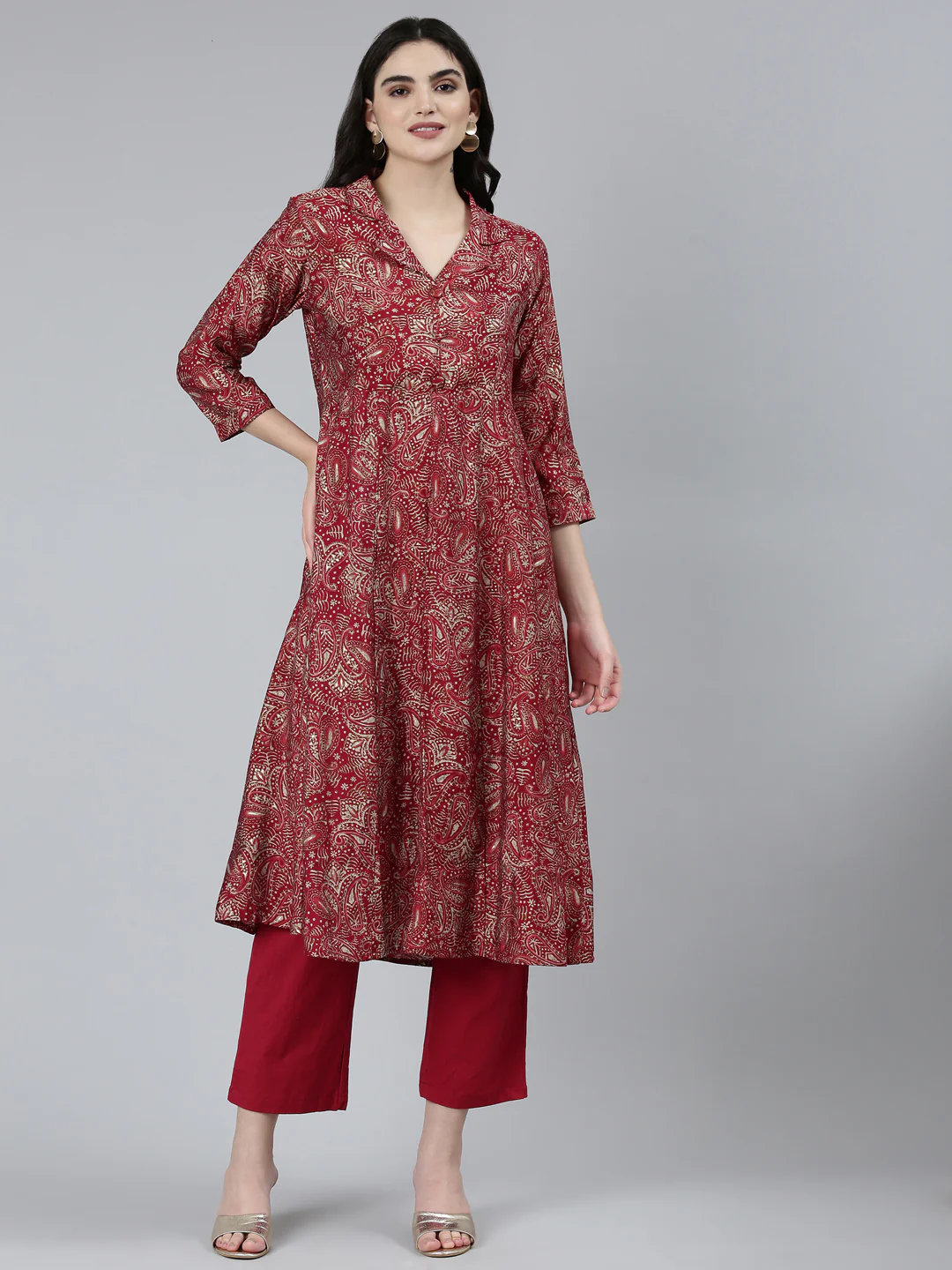 Neerus Maroon Regular Straight Paisley Kurta Sets And Trousers