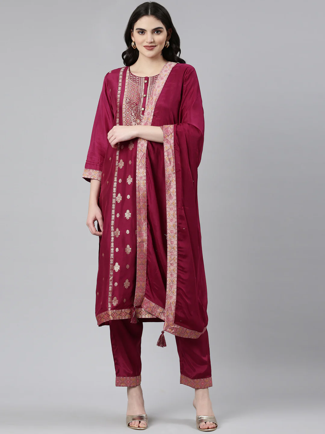 Neerus Maroon Regular Straight Printed Readymade suits